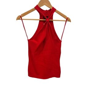 Olivaceous Red Ribbed Halter Tie Front Mock Neck Tank Top L Stretchy NWT
